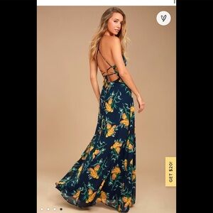 NEW Lulus Adventure Seeker Navy Blue and YellowFloral Print Maxi Dress size XS